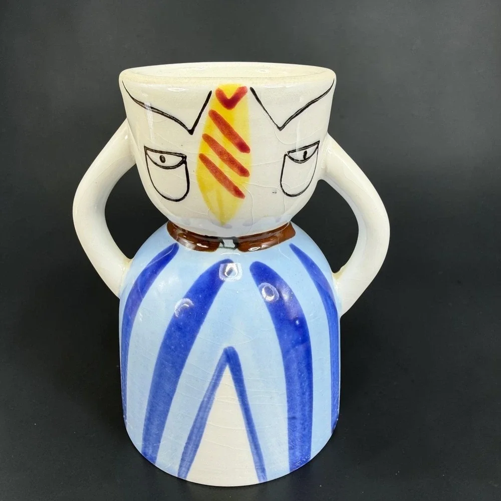 1950s Napco Whimsical Man in Suit Ceramic Egg Cup Holder Blue Striped Tie